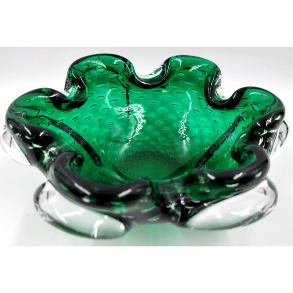 Murano Green Bullicante Controlled Bubble Art Glass Bowl Ruffled Edge 8" Italy - Picture 3 of 9